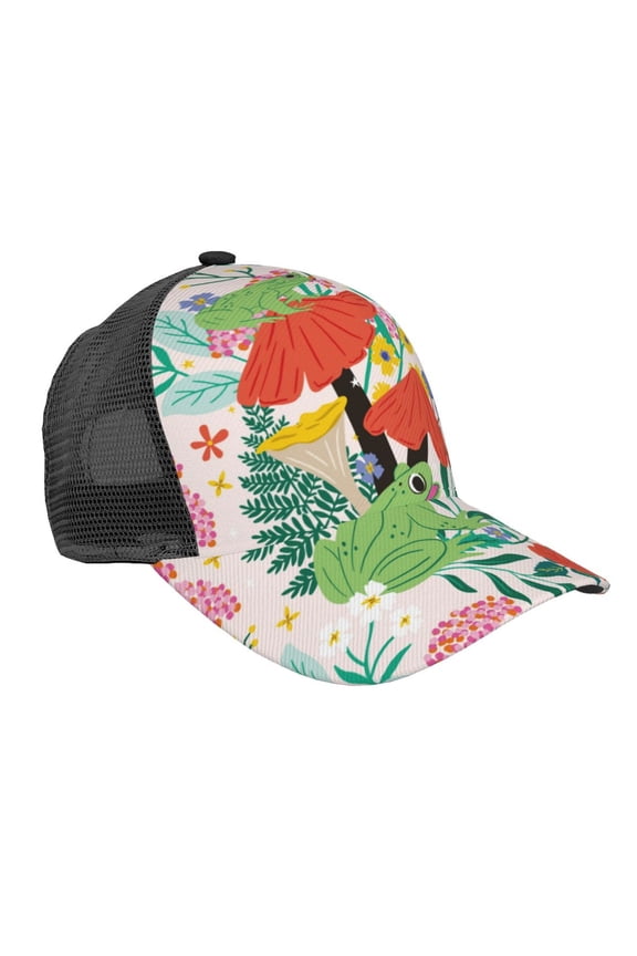 Mushroom and Frogs Pattern Trucker Hat,Baseball Cap,Sun Protection Cap,Stylish Headwear,Leisure Cap,Outdoor Sports Cap