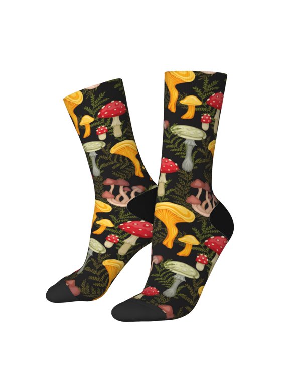 Mushrooms And Fern Stems Print Athletic Socks for Men & Women – Cushioned Moisture-Wicking Crew Socks for Sports, Running, and Training, Soft & Breathable Size 5-11