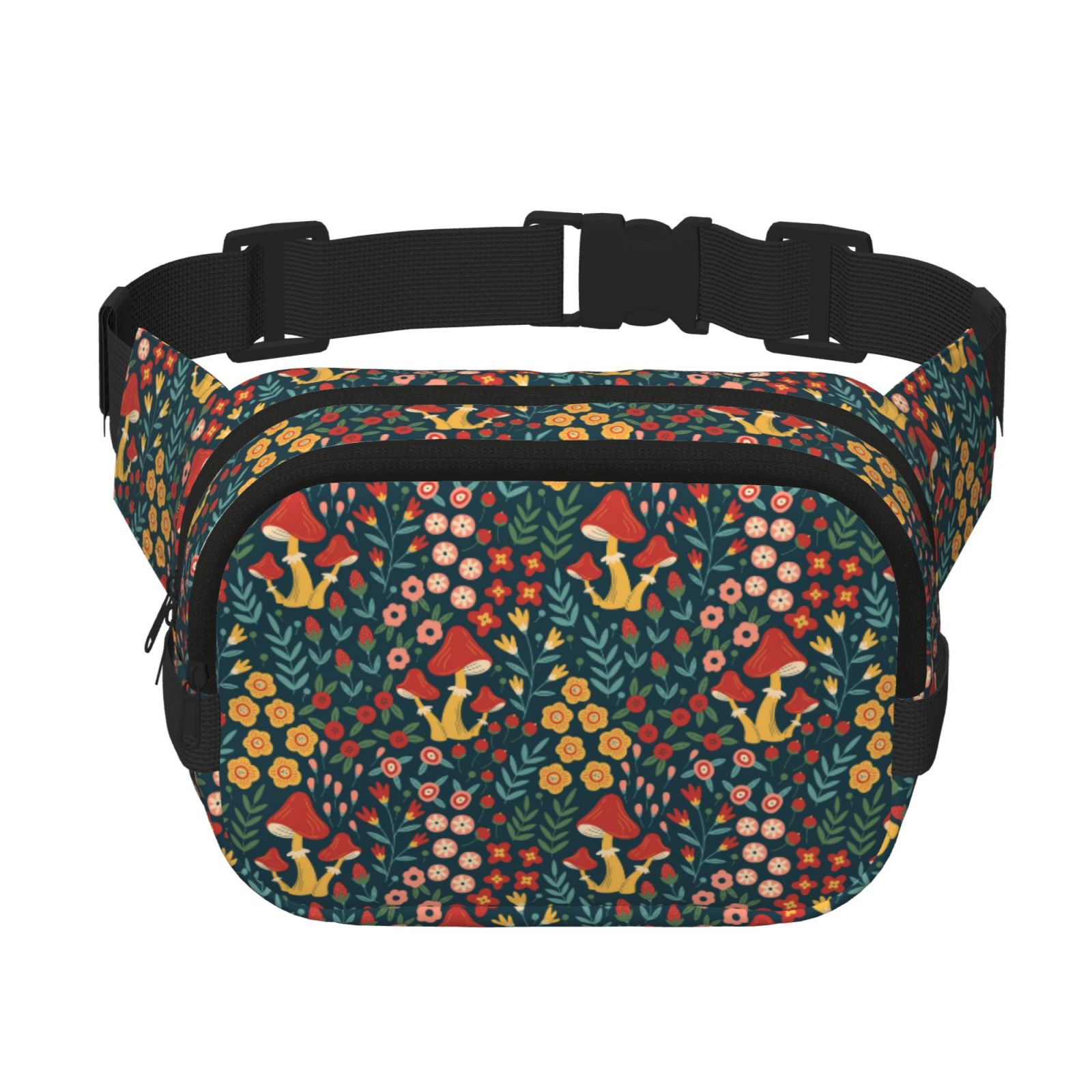 Picia Mushrooms And Flowers Print Square Double-Layer Waist Bag Mini Adjustable Waist Belt Bag Exercise Running Travel Hiking
