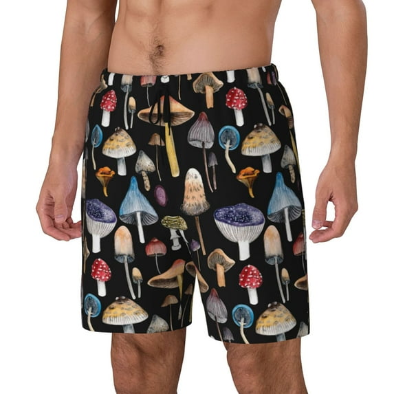 Picia Mushrooms and Autumn Leaves pattern Mens Swim Trunks with Compression Liner Stretch Beach Shorts Quick Dry with Zipper Pockets No-Chafing Board Shorts-Large
