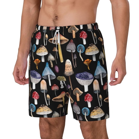 Picia Mushrooms and Autumn Leaves pattern Mens Swim Trunks with Compression Liner Stretch Beach Shorts Quick Dry with Zipper Pockets No-Chafing Board Shorts-Large