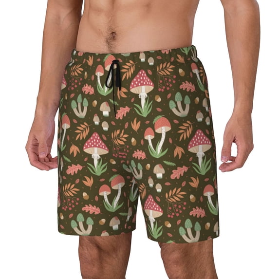 Picia Mushrooms and Autumn pattern Mens Swim Trunks with Compression Liner Stretch Beach Shorts Quick Dry with Zipper Pockets No-Chafing Board Shorts-3X-Large