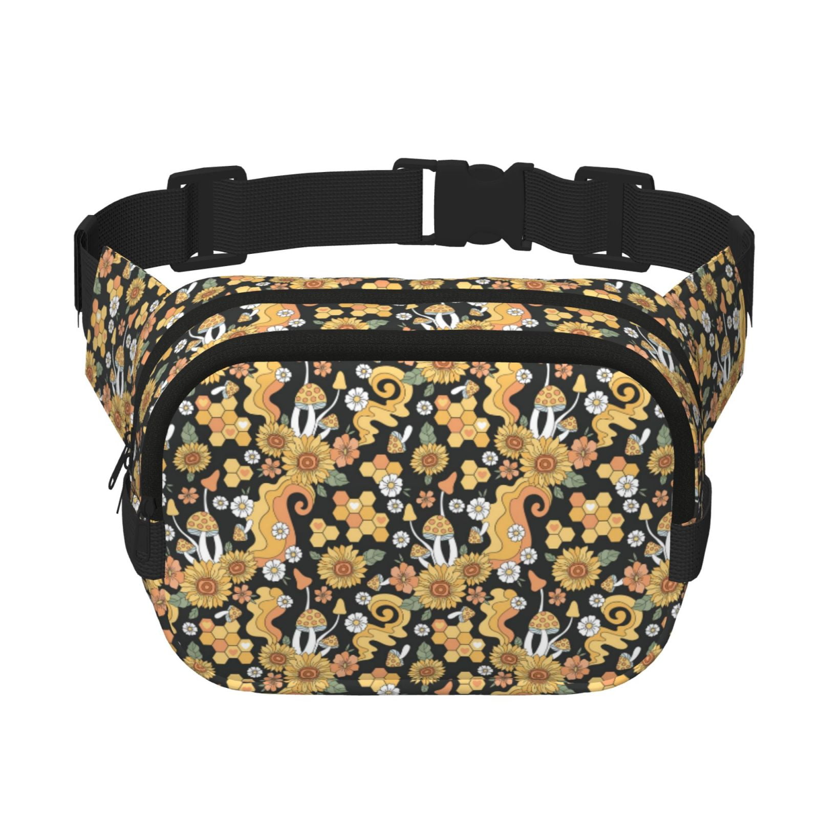 Picia Mushrooms Honeycomb Print Square Double-Layer Waist Bag Mini Adjustable Waist Belt Bag Exercise Running Travel Hiking