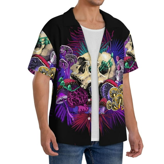 Picia Mushrooms and Skull Men's Linen Shirts Short Sleeve Cuban Beach Shirts Casual Shirts Button Down Shirt for Men Beach Summer Wedding Shirt-4X-Large