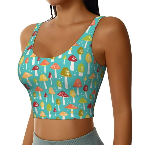 Picia Mushrooms Sports Bra for Women,Padded Strappy Sports Bras Medium Support Yoga Bra with Removable Cups,Running Yoga Bra-Large