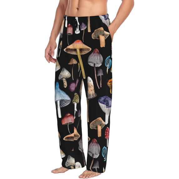 Picia Mushrooms and Autumn Leaves Mens Soft Woven Cotton Elastic Waistband Sleep Pajama Pant Lounge Sleep Pant With Pockets And Drawstring-Medium