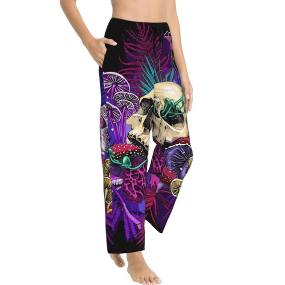 Picia Mushrooms and Skull Womens Soft Woven Cotton Elastic Waistband Sleep Pajama Pant Lounge Sleep Pant With Pockets And Drawstring-Large
