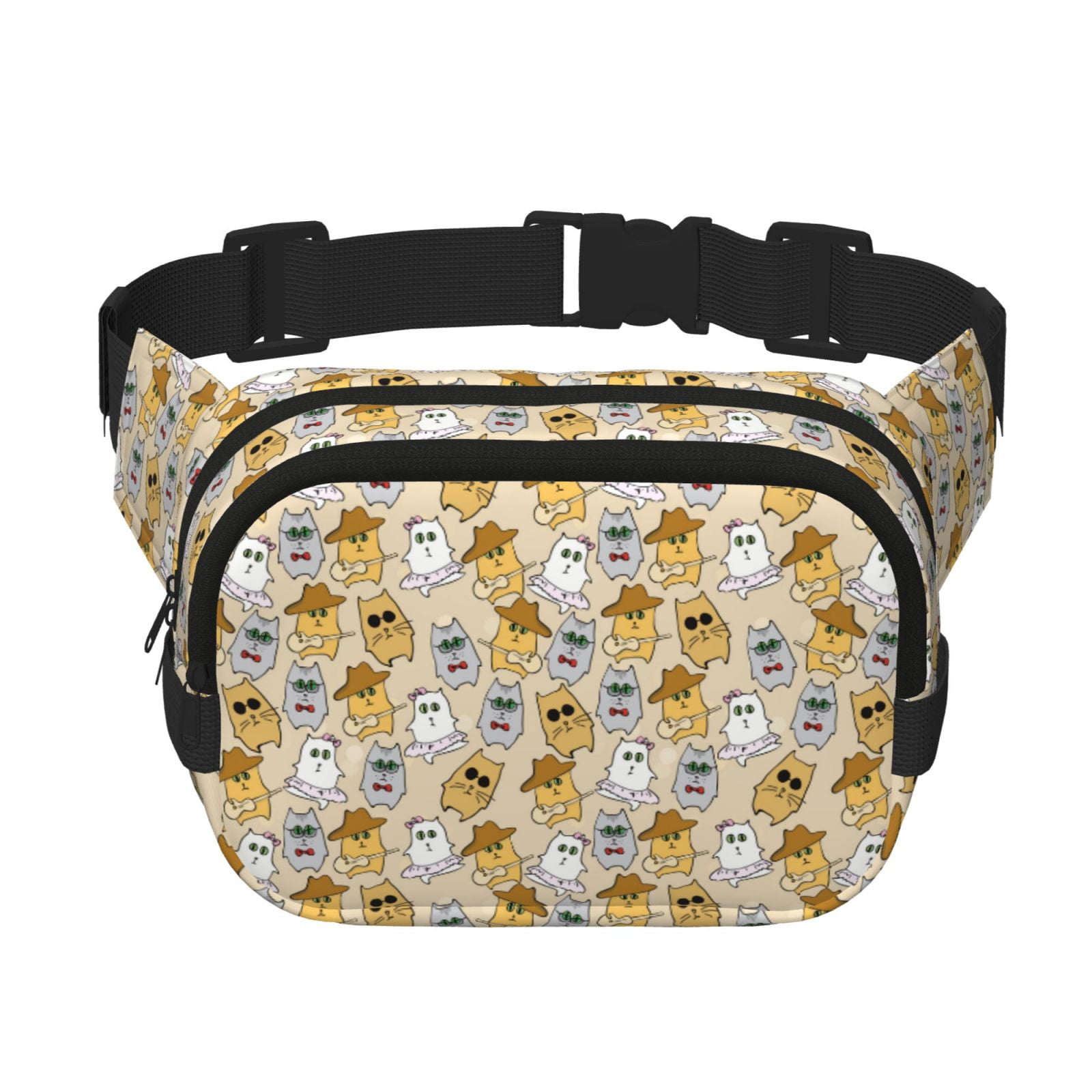 Picia Music Dancing Cat Print Square Double-Layer Waist Bag Mini Adjustable Waist Belt Bag Exercise Running Travel Hiking