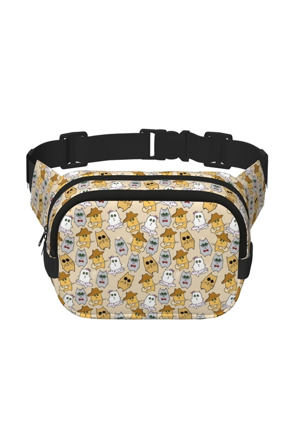 Music Dancing Cat Print Square Double-Layer Waist Bag Mini Adjustable Waist Belt Bag Exercise Running Travel Hiking