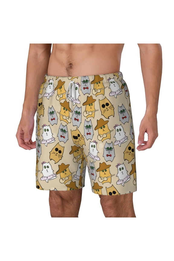 Music Dancing Cat pattern Mens Swim Trunks with Compression Liner Stretch Beach Shorts Quick Dry with Zipper Pockets No-Chafing Board Shorts-Small