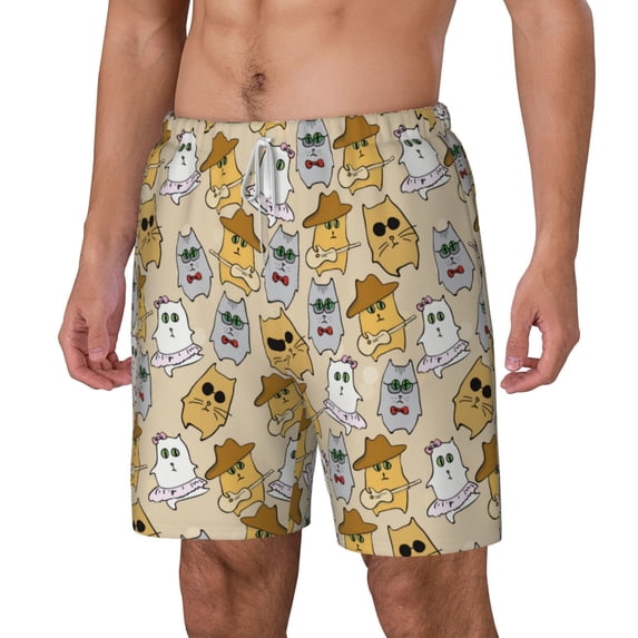 Picia Music Dancing Cat pattern Mens Swim Trunks with Compression Liner Stretch Beach Shorts Quick Dry with Zipper Pockets No-Chafing Board Shorts-Small