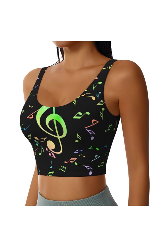 Music Notes Sports Bra for Women,Padded Strappy Sports Bras Medium Support Yoga Bra with Removable Cups,Running Yoga Bra-Medium