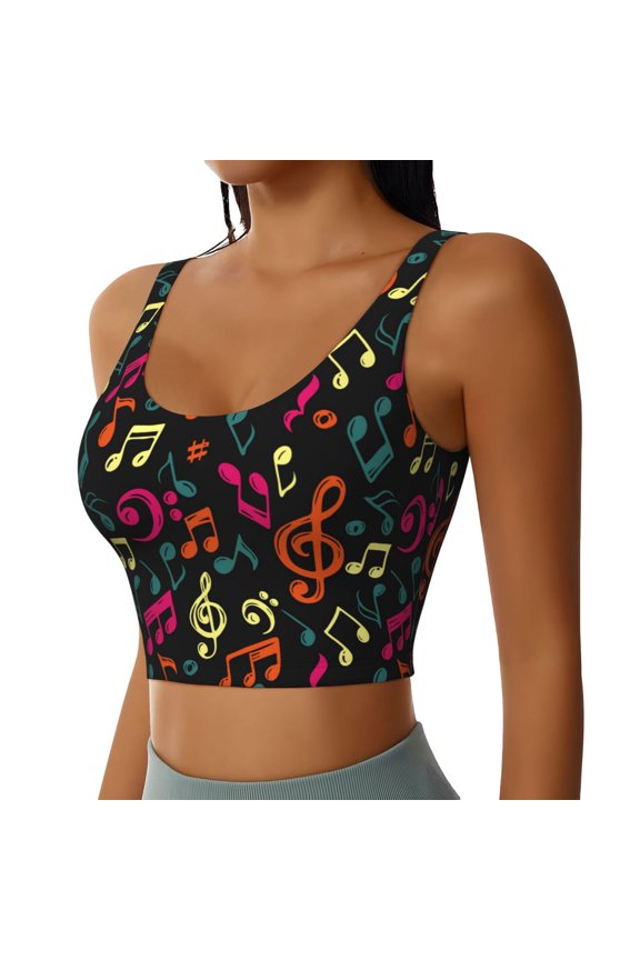 Music Notes Sports Bra for Women,Padded Strappy Sports Bras Medium Support Yoga Bra with Removable Cups,Running Yoga Bra-