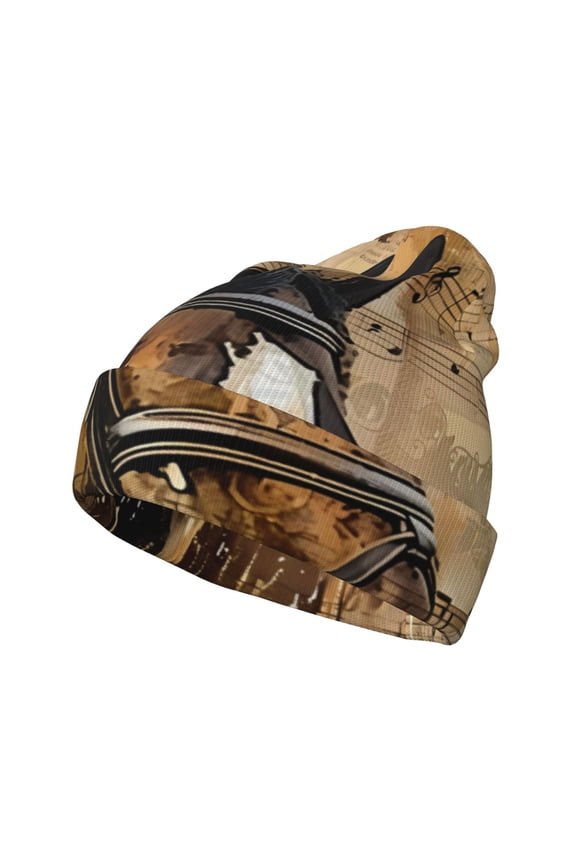 Musical Horse Vintage Collage Pattern Knitted Beanie Hat for Men and Women , Unisex Winter Warm Stretchy Knit Cap Thick Fisherman Beanies Cuffed Plain Skull Caps
