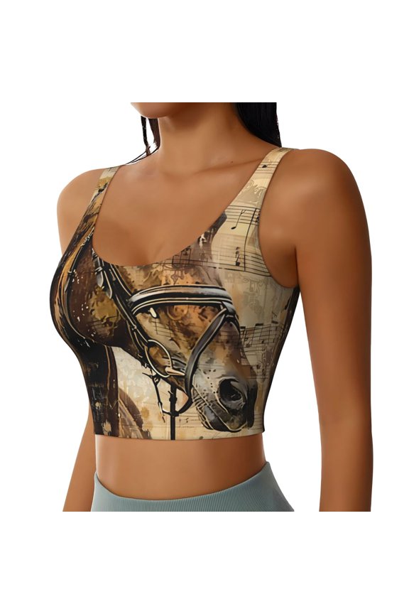 Musical Horse Vintage Collage Sports Bra for Women,Padded Strappy Sports Bras Medium Support Yoga Bra with Removable Cups,Running Yoga Bra-Medium