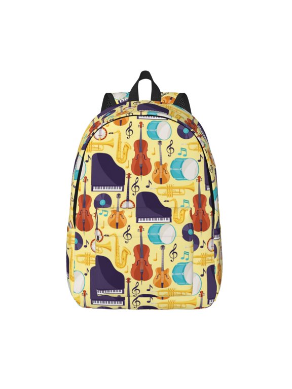 Musical Instruments Printed Canvas Daypack - Stylish and Durable Vintage Compact Backpack - Class, Work, Travel, or Laptop Bookbag,Organized Compartments-Medium