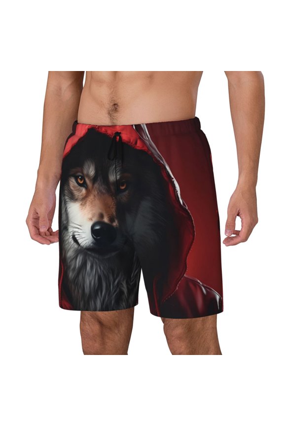 Mysterious Hooded Wolf pattern Mens Swim Trunks with Compression Liner Stretch Beach Shorts Quick Dry with Zipper Pockets No-Chafing Board Shorts-Small
