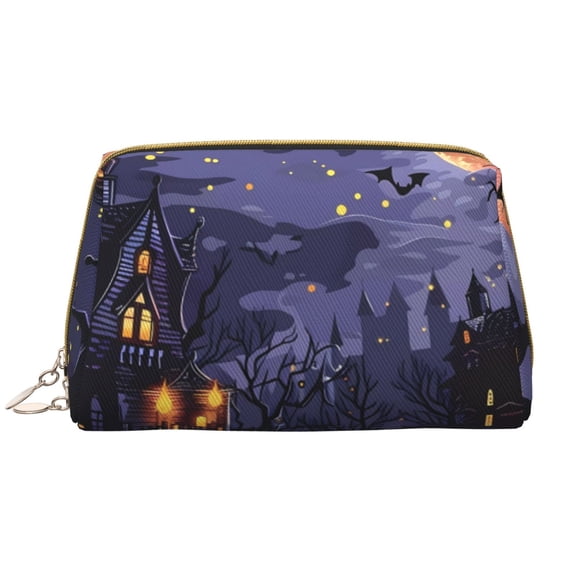 Picia Mystery House Halloween Night Print Leather Makeup Bag Make Up Bag Travel Toiletry Bag for Her Girlfriend Teacher Teen Girl Gifts
