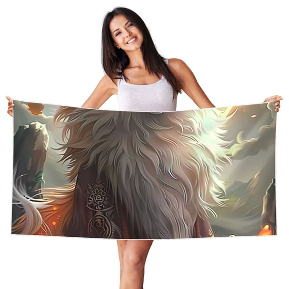 Picia Mystic Fox With Halo Print Silver Fox Velvet Beach Towel,Quick-Dry Beach Towel,Lightweight Travel Towel,Portable Beach Towels