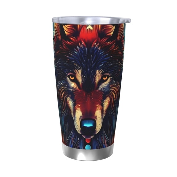 Picia Mystic Wolf Dreamcatcher Pattern 20 oz Tumbler Stainless Steel Vacuum Insulated Coffee Ice Cup Double Wall Travel Flask Dual Lid Water Bottle, Eco-friendly Car Cup-Without Straw