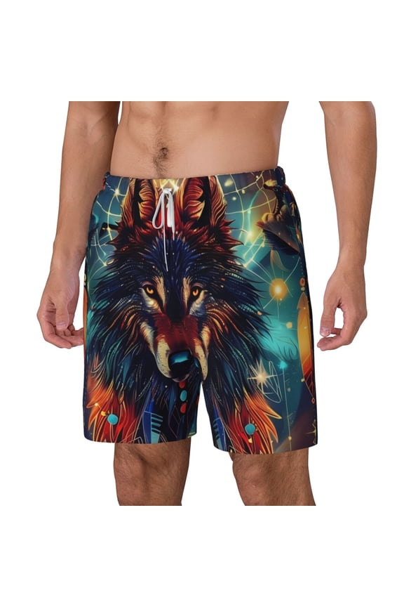 Mystic Wolf Dreamcatcher pattern Mens Swim Trunks with Compression Liner Stretch Beach Shorts Quick Dry with Zipper Pockets No-Chafing Board Shorts-3X-Large