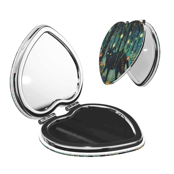 Picia Mystical Black Cat Fireflies for Compact Vanity Mirror , Travel Makeup Mirror , Portable Magnifying Cosmetic Mirror for Daily, Work, Business-Heart Shape