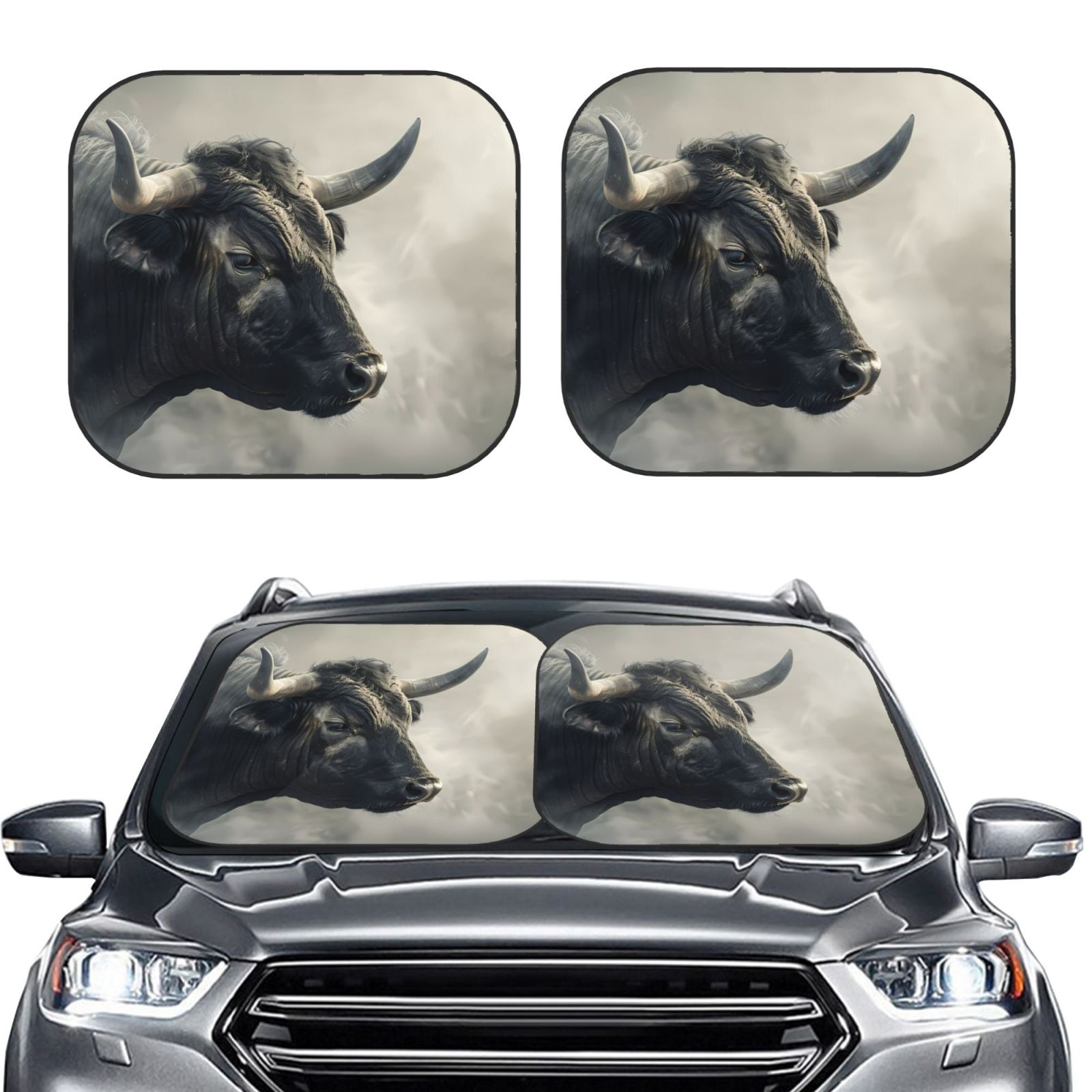 Picia Mystical Bull in Fog 2 Piece Car Windshield Sun Shade Foldable