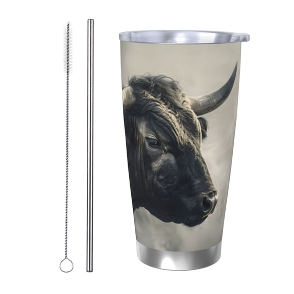 Picia Mystical Bull in Fog Pattern 20 oz Tumbler Stainless Steel Vacuum Insulated Coffee Ice Cup Double Wall Travel Flask Dual Lid Water Bottle, Eco-friendly Car Cup