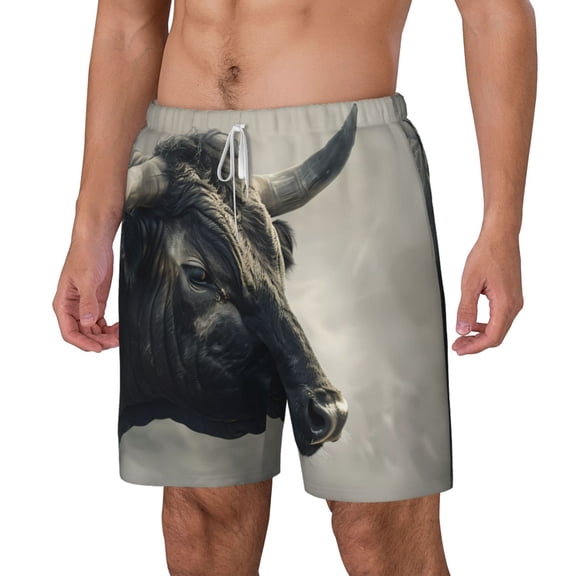 Picia Mystical Bull in Fog pattern Mens Swim Trunks with Compression Liner Stretch Beach Shorts Quick Dry with Zipper Pockets No-Chafing Board Shorts-XX-Large