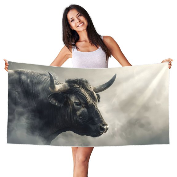 Picia Mystical Bull in Fog Print Silver Fox Velvet Beach Towel,Quick-Dry Beach Towel,Lightweight Travel Towel,Portable Beach Towels
