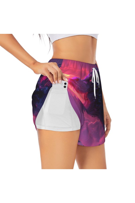 Mystical Dragon Under Moon Pattern Women's 2 in 1 Athletic Running Shorts High Waisted Workout Casual Gym Sweat Shorts with Comfy Liner Zipper Pockets-Medium