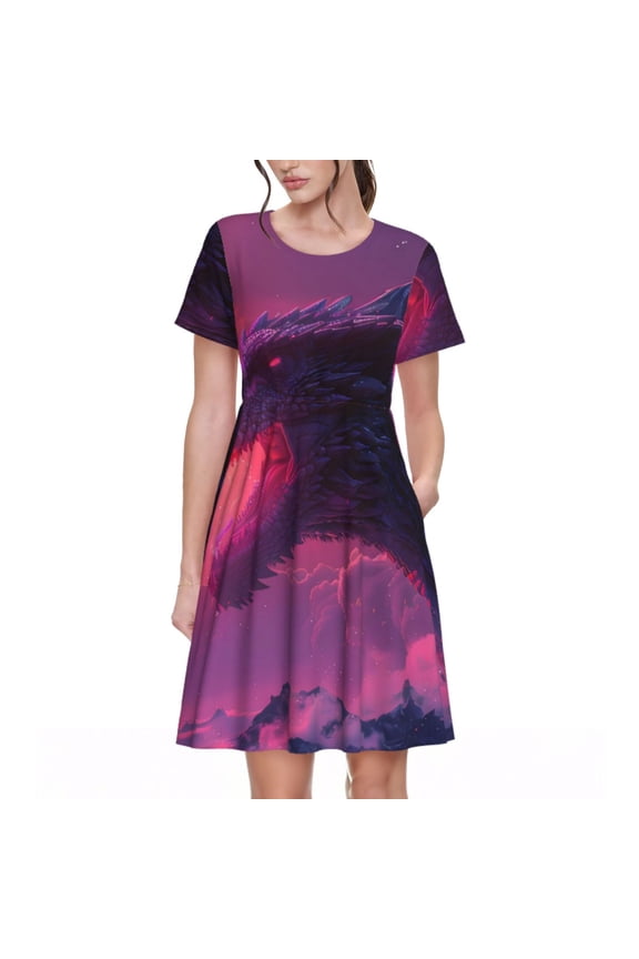 Mystical Dragon Under Moon Pattern Women's Short Sleeve Summer Dress Pleated Loose Swing Knee Length Short Sleeve Swing Dresses