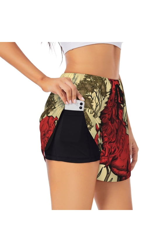 Mythical Red Stag Illustration Pattern Women's 2 in 1 Athletic Running Shorts High Waisted Workout Casual Gym Sweat Shorts with Comfy Liner Zipper Pockets-XX-Large