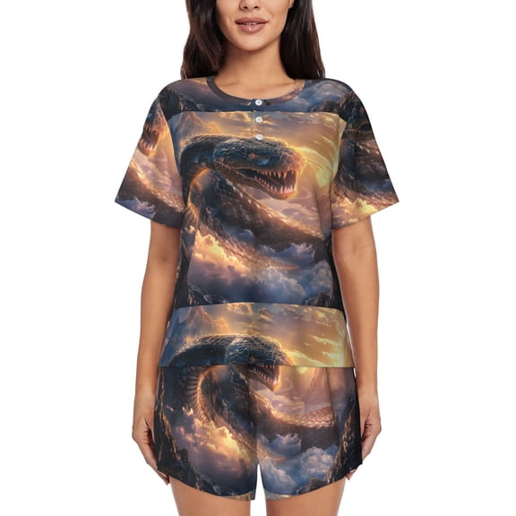 Picia Mythical Serpent Mountain Sunrise Pajamas Sets for Women Soft Short-Sleeved Pjs with Lounge Shorts Two Piece Sleepwear-3X-Large