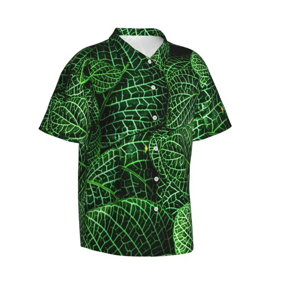 Picia Natural Green Leaves Gentle Cotton Regular Fit Short Sleeve Casual Hawaiian Shirt for Men-Large