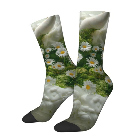 Picia Nature Hand Daisies Art Print Athletic Socks for Men & Women – Cushioned Moisture-Wicking Crew Socks for Sports, Running, and Training, Soft & Breathable Size 5-11