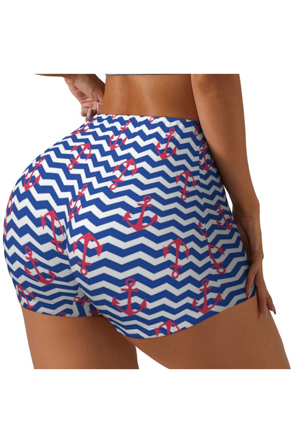 Nautical Anchors Printed Workout Shorts for Women Seamless Scrunch Butt Lifting High Waisted Yoga Gym Booty Running Moisture-wicking Short Pants-X-Large