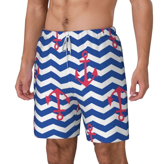 Picia Nautical Anchors pattern Mens Swim Trunks with Compression Liner Stretch Beach Shorts Quick Dry with Zipper Pockets No-Chafing Board Shorts-3X-Large