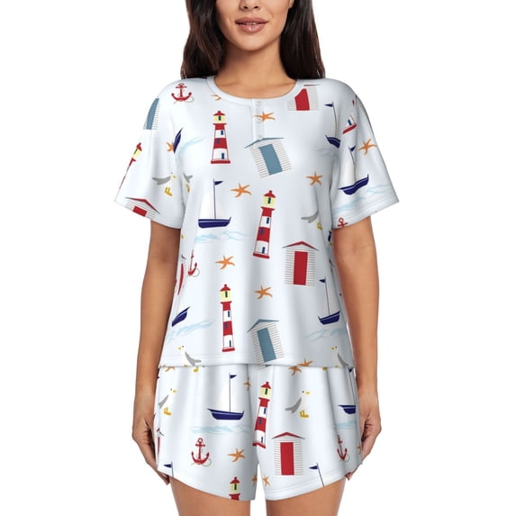 Picia Nautical Lighthouse Sailboat Pajamas Sets for Women Soft Short-Sleeved Pjs with Lounge Shorts Two Piece Sleepwear-Large