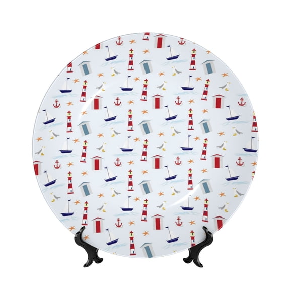 Picia Nautical Lighthouse Sailboat Pattern Bone China Decorative Plate – Wall Decor with Stand and Adhesive, Elegant Ornament for Living Room, Office, or Entryway-7in