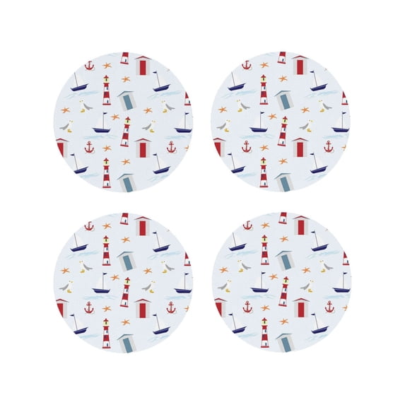 Picia Nautical Lighthouse Sailboat Printed Leather Coasters for Drinks, 4" Drink Coasters Set of 4 for Tabletop Protection, Handmade Luxurious Home Décor and Housewarming Gift -Round Shape