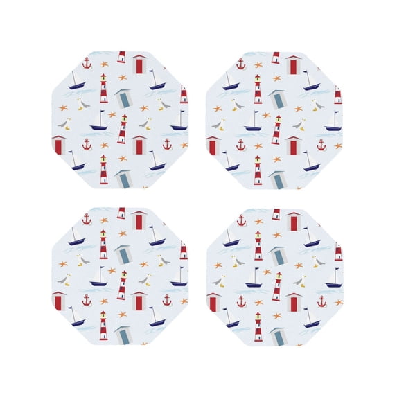 Picia Nautical Lighthouse Sailboat Printed Leather Coasters for Drinks, 4" Drink Coasters Set of 4 for Tabletop Protection, Handmade Luxurious Home Décor and Housewarming Gift -Octagon
