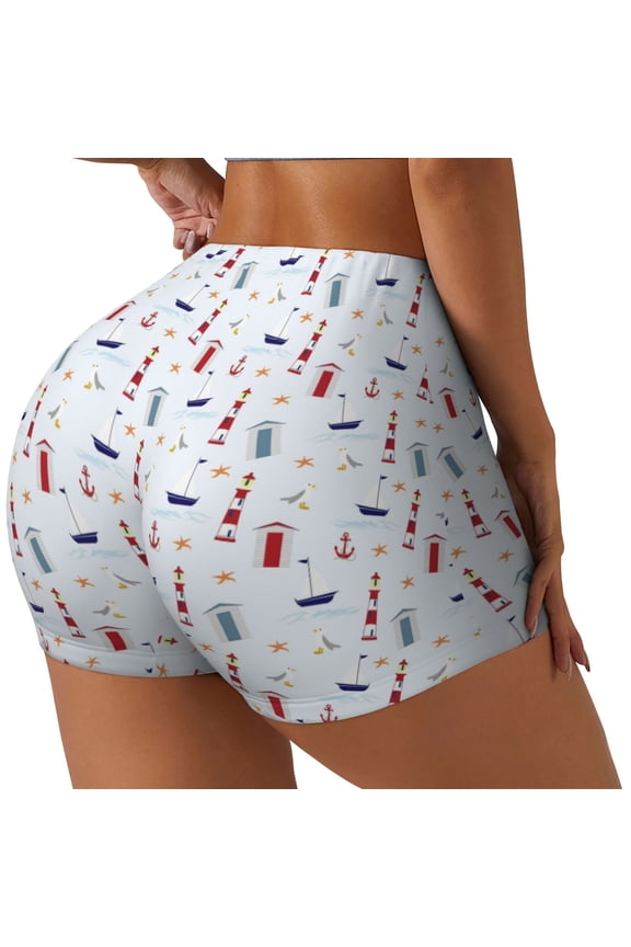 Nautical Lighthouse Sailboat Printed Workout Shorts for Women Seamless Scrunch Butt Lifting High Waisted Yoga Gym Booty Running Moisture-wicking Short Pants-X-Large
