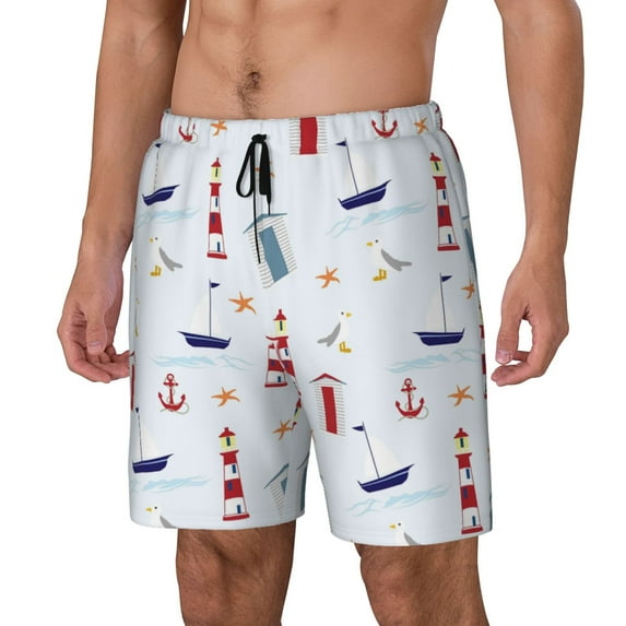 Picia Nautical Lighthouse Sailboat pattern Mens Swim Trunks with Compression Liner Stretch Beach Shorts Quick Dry with Zipper Pockets No-Chafing Board Shorts-