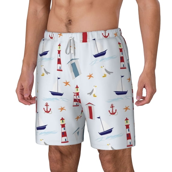 Picia Nautical Lighthouse Sailboat pattern Mens Swim Trunks with Compression Liner Stretch Beach Shorts Quick Dry with Zipper Pockets No-Chafing Board Shorts-Small