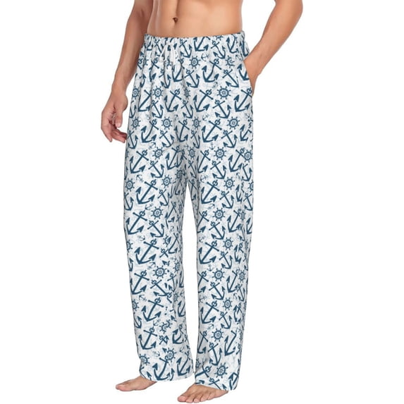 Picia Nautical Theme Anchors Mens Soft Woven Cotton Elastic Waistband Sleep Pajama Pant Lounge Sleep Pant With Pockets And Drawstring-Small