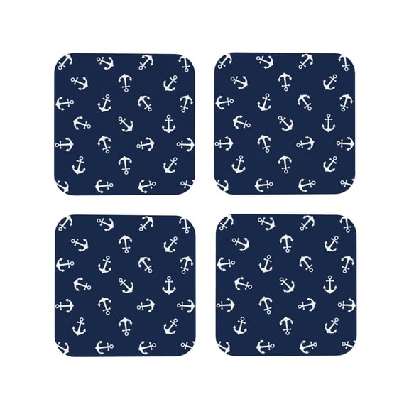 Picia Nautical Themed Simple Anchors Printed Leather Coasters for Drinks, 4" Drink Coasters Set of 4 for Tabletop Protection, Handmade Luxurious Home Décor and Housewarming Gift -Square