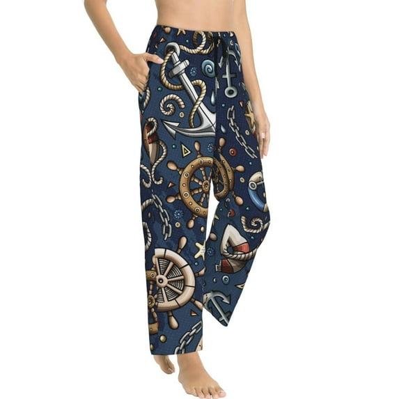 Picia Nautical Womens Soft Woven Cotton Elastic Waistband Sleep Pajama Pant Lounge Sleep Pant With Pockets And Drawstring-Large