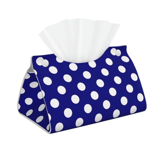 Picia Navy And White Polka Dot Pattern Long Tissue Box Cover,PVC Leather Triangle Holder,Tissue Box Holder with Magnetic Bottom,Facial Paper Organizer Dispenser-7.9"X4.9"X4.5"