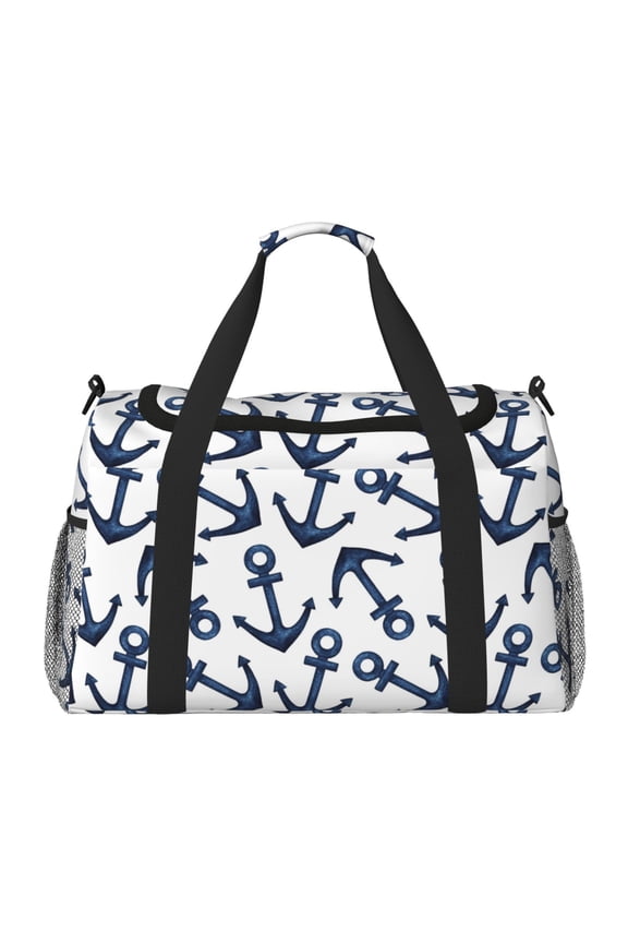 Navy Blue Anchors Print Travel Duffle Bag,Weekender Bags for Women with Shoe Compartment, Gym Duffel Bag with Wet Pocket, Hospital Bags for Labor and Delivery